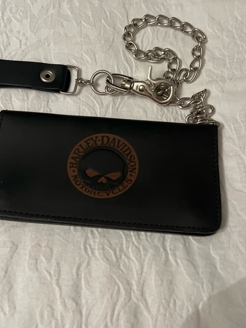 Harley-Davidson Black Leather Wallet with Brown Logo and Silver Chain